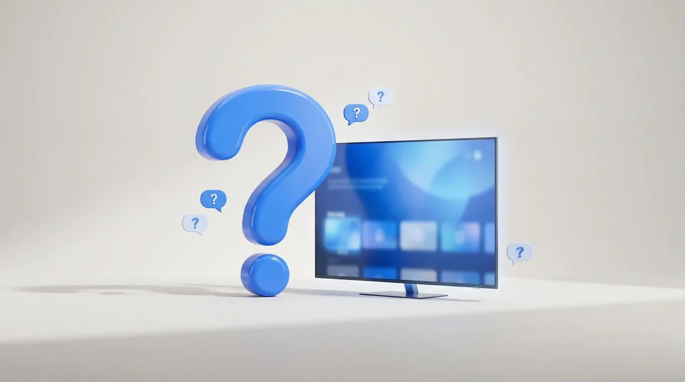 Question marks beside a smart TV representing common questions about King TV in United States