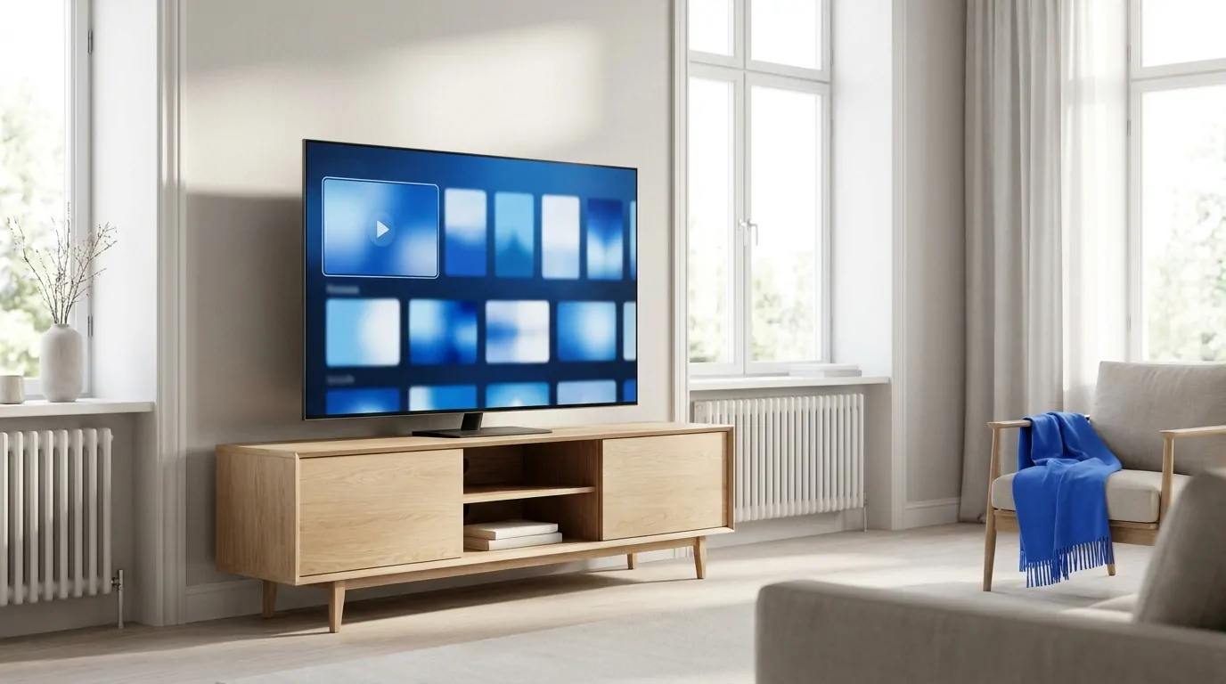 Smart TV in a bright American living room showing an King TV streaming interface during a free trial