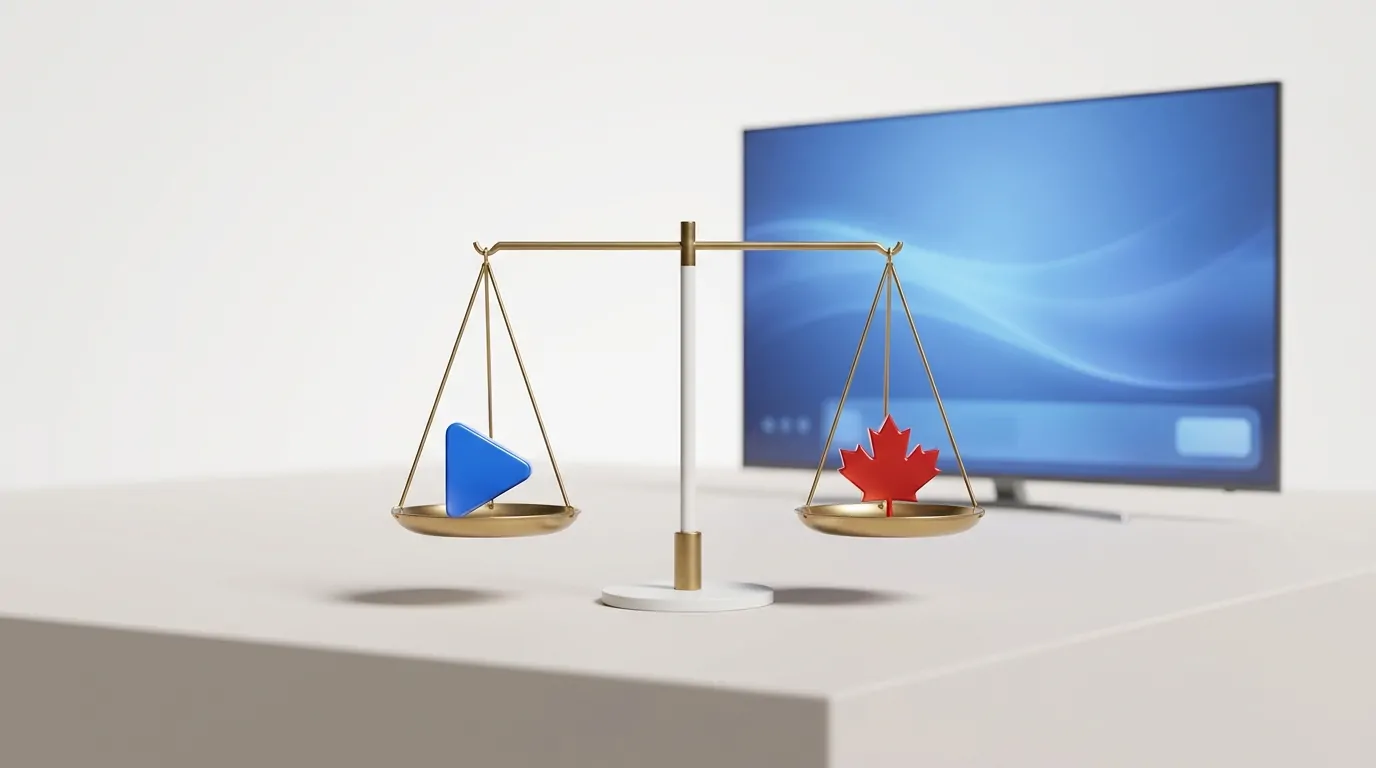 Justice scale weighing a play button and a maple leaf, showing whether King TV is legal in United States